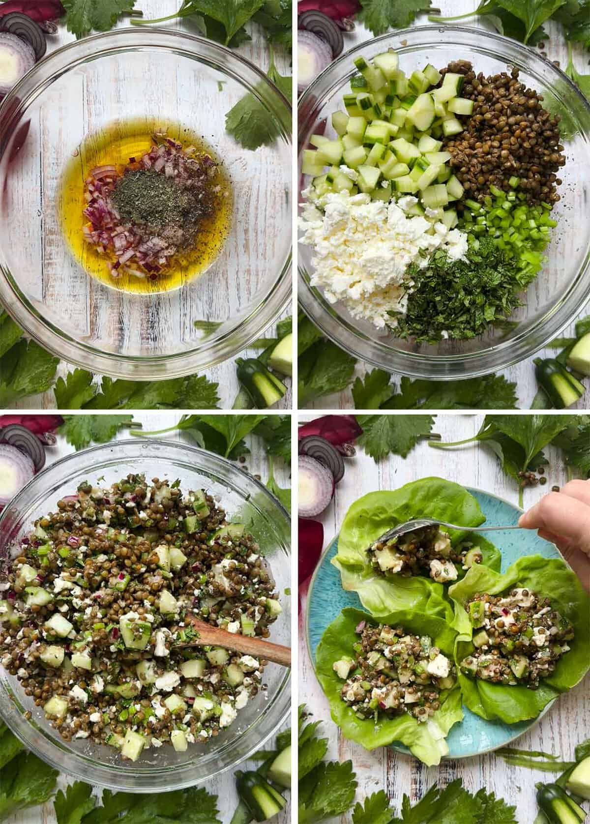 Four-image collage showing how to make Greek lentil salad: olive oil, red onion, and seasonings in a bowl; diced cucumber, cooked lentils, crumbled feta, celery, and herbs arranged separately in a bowl; the salad fully mixed together; and the finished salad spooned into lettuce cups.