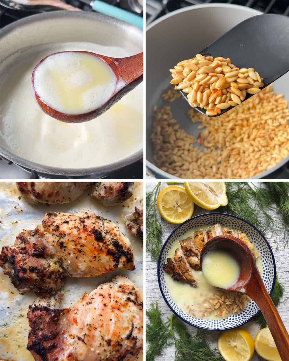 Four-image collage showing how to make chicken souvlaki avgolemono broth bowls: a ladle of avgolemono broth being lifted from a pot; toasted orzo in a pan; broiled souvlaki chicken thighs on a sheet pan; and broth being poured over sliced chicken and orzo in a bowl.