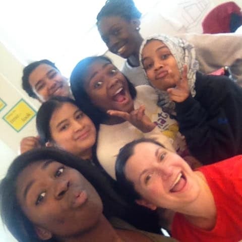 A photo of Elizabeth Lindemann as a teacher with some of her students circa 2015.