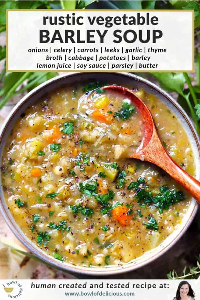 Pinterest graphic for rustic vegetable barley soup, showing an overhead bowl of thick soup with carrots, leeks, barley, and parsley, with a wooden spoon.