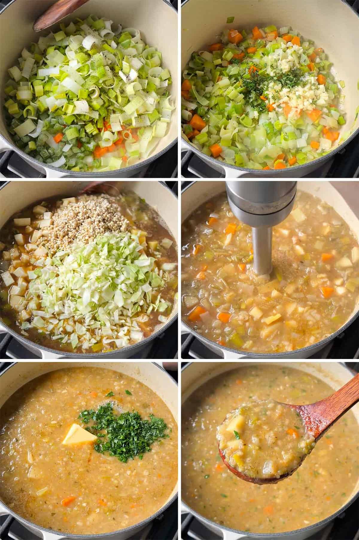 Six-image collage showing how to make vegetable barley soup: sautéing leeks, celery, onions, and carrots; adding garlic and thyme; adding diced potatoes, barley, and cabbage to broth; blending part of the soup with an immersion blender; stirring in soy sauce, lemon juice, butter and parsley; and lifting a spoonful of the finished soup.